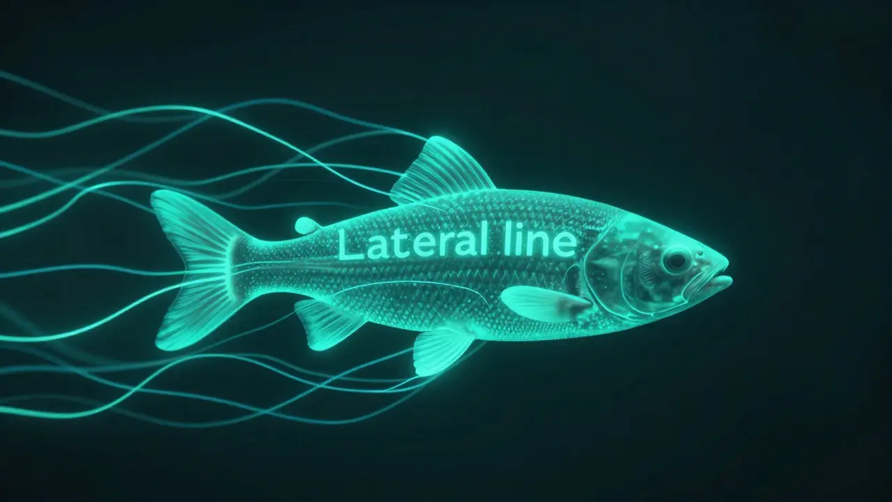 Визуализация боковой линии рыбы, улавливающей вибрации воды в виде светящихся волн