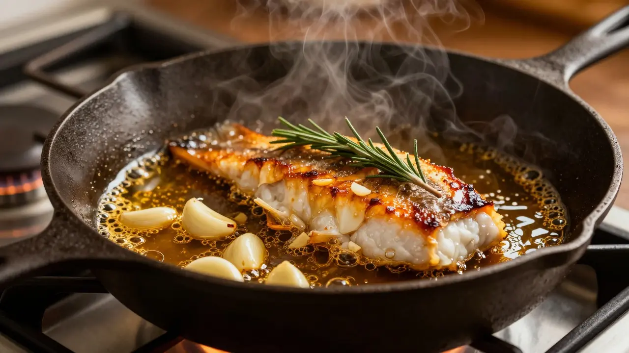 Жареная рыба на сковороде с чесноком и розмарином в масле