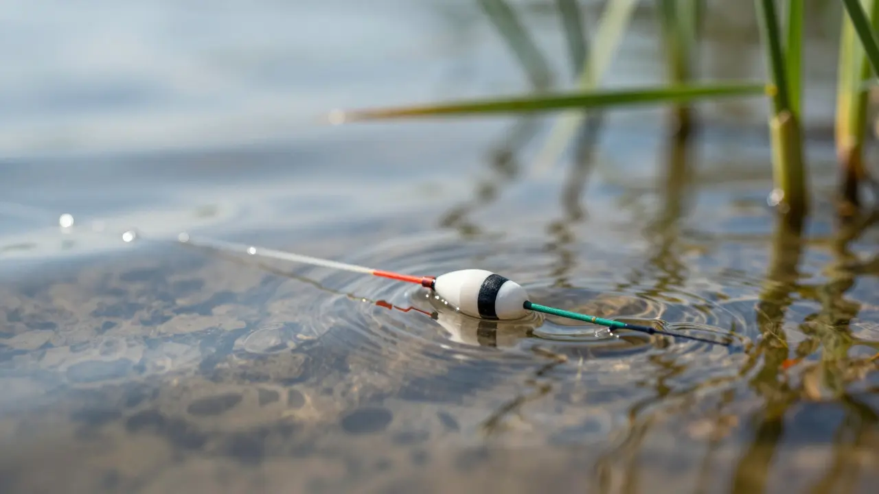 Крупный план поплавка на спокойной воде с солнечными бликами