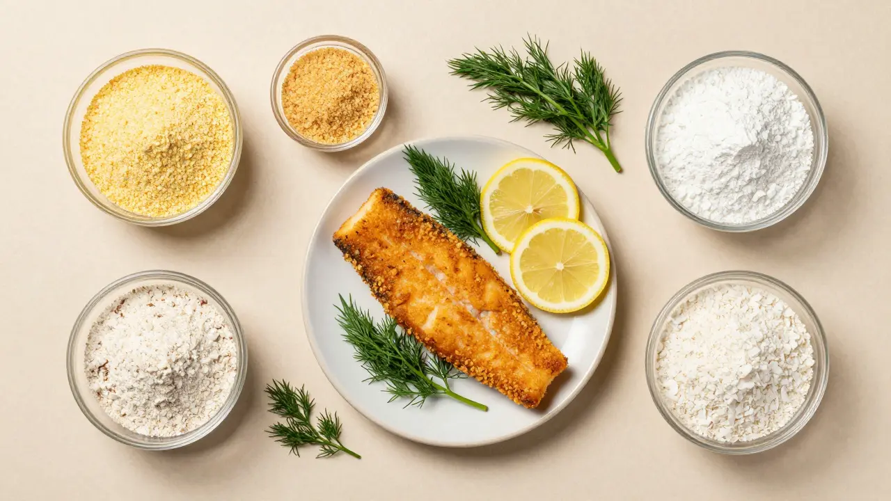 Разные виды панировки: кукурузная мука, панировочные сухари и кокос