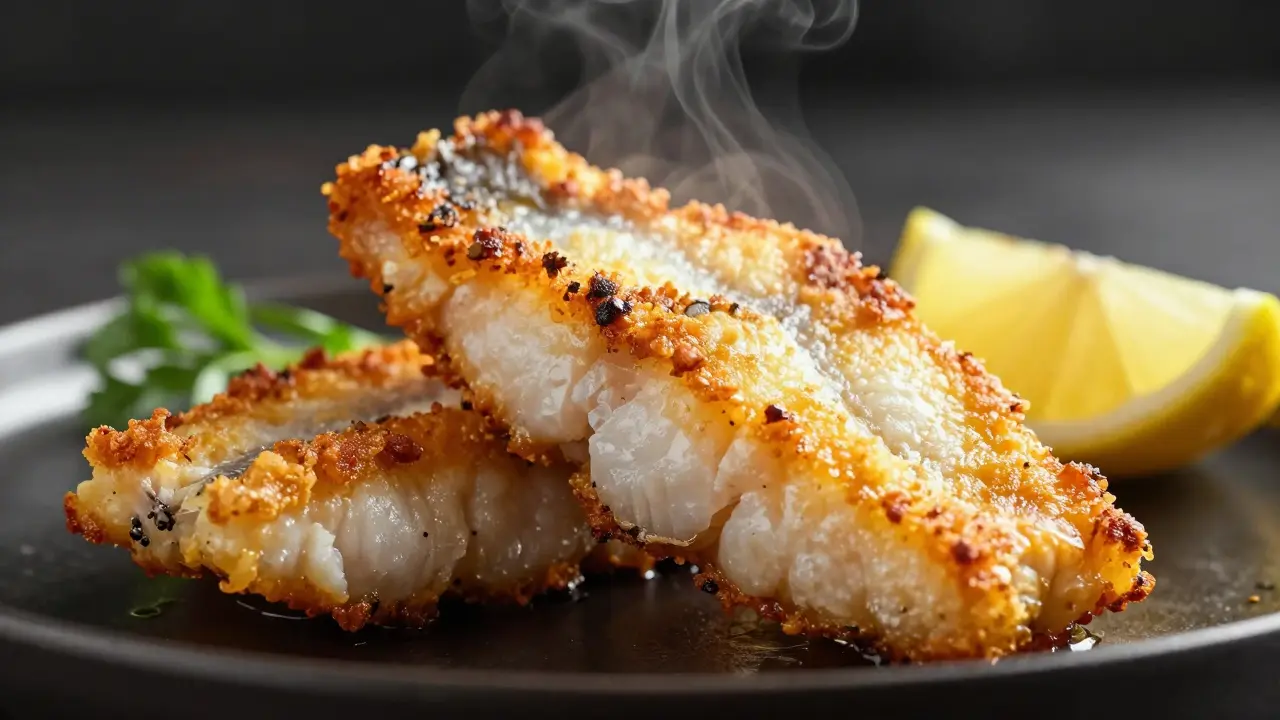 Золотистая жареная рыба с хрустящей корочкой и лимоном