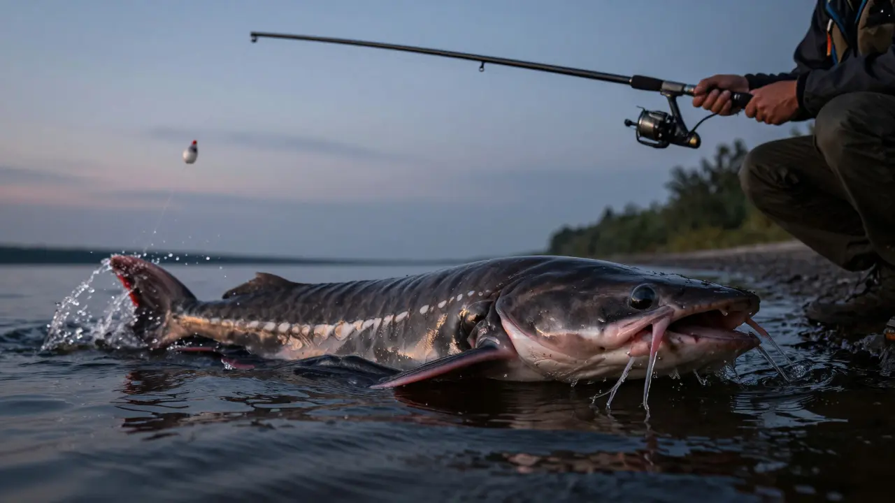 Крупный сом выводится из воды, удочка сильно изогнута под нагрузкой