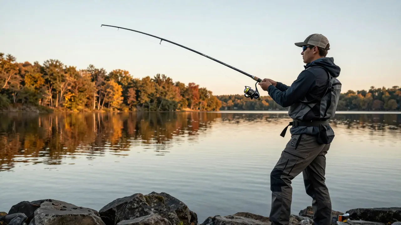 Рыбак забрасывает спиннинг Shimano на берегу озера на закате