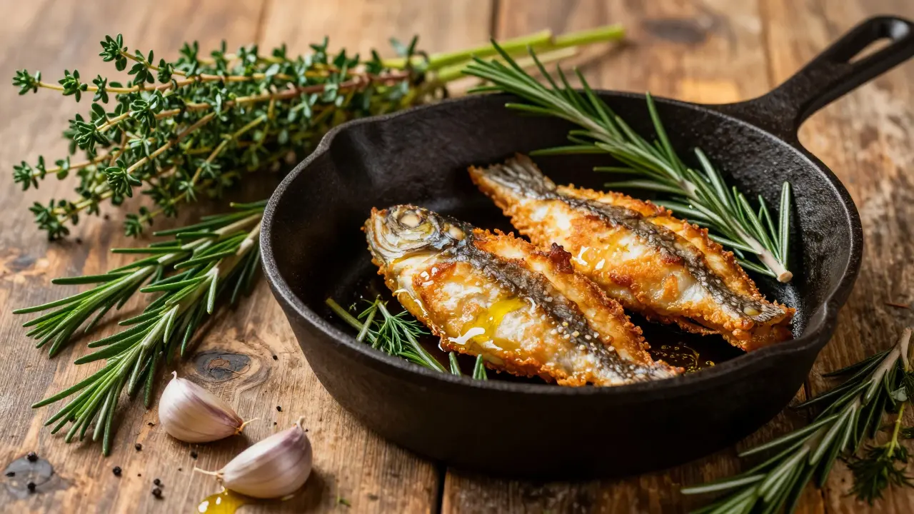 Жареная рыба в сковороде с розмарином, тимьяном и чесноком