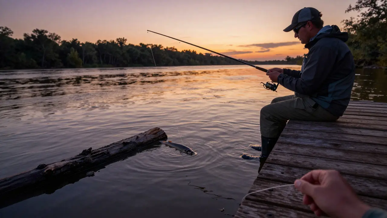 Angler fishing from a dock at twilight with a float rod