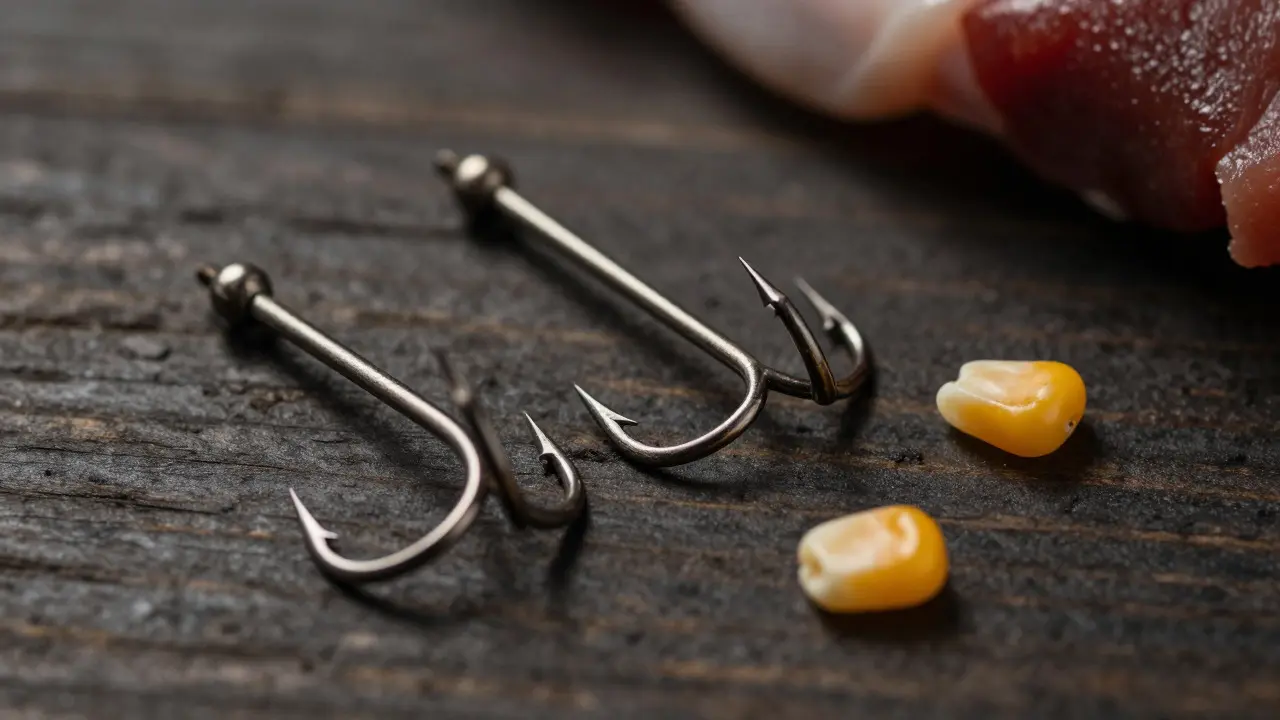 Close-up of different fishing hooks and bait on a wooden table