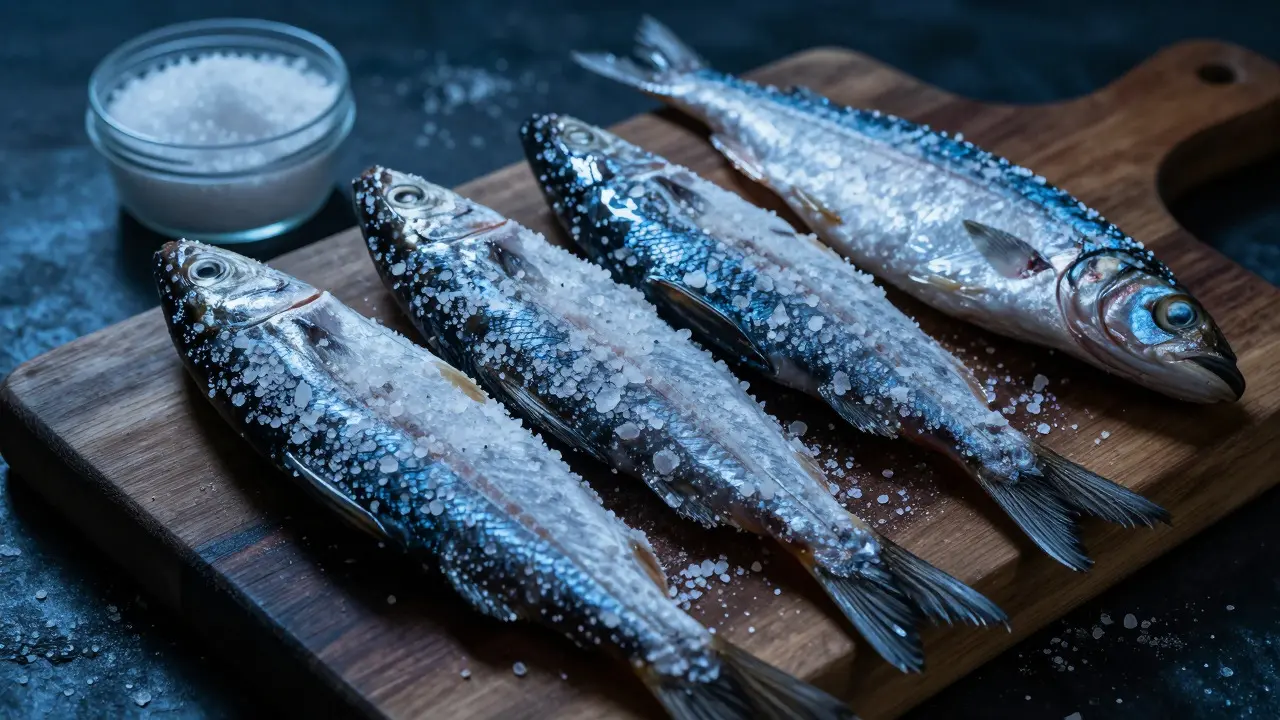 Fish steaks covered in coarse salt on a wooden board under dramatic lighting