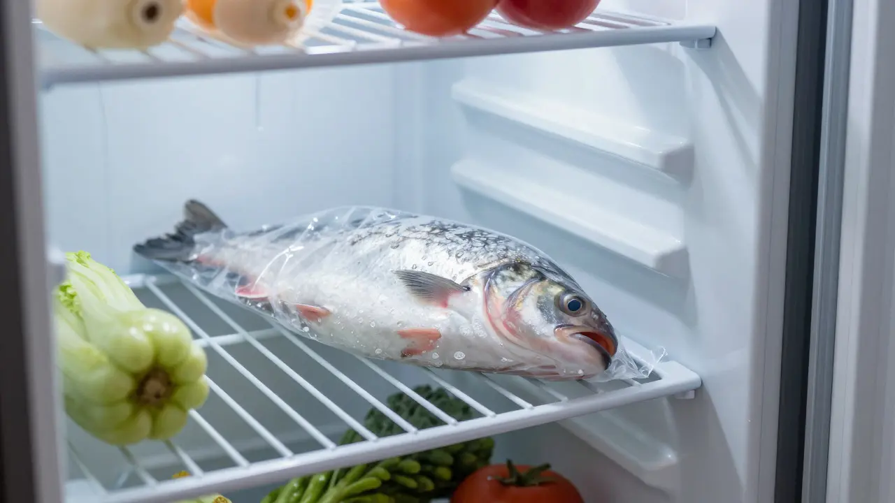 Frozen fish in a sealed bag thawing on a shelf inside a refrigerator