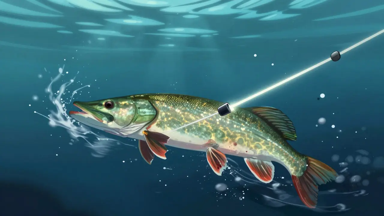 Pike fighting the current creating tension on the fishing line