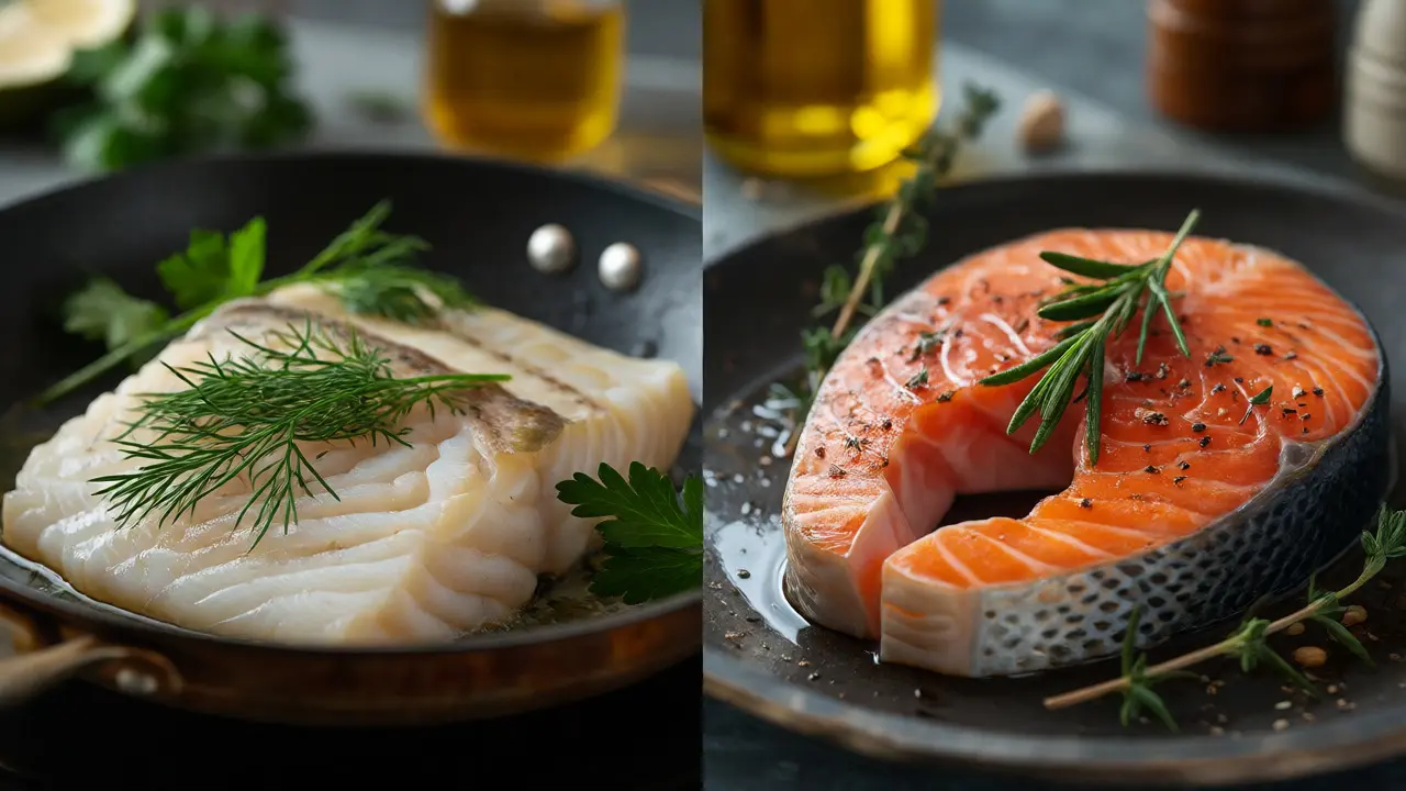 Белая рыба с укропом рядом с лососем с розмарином на кухне