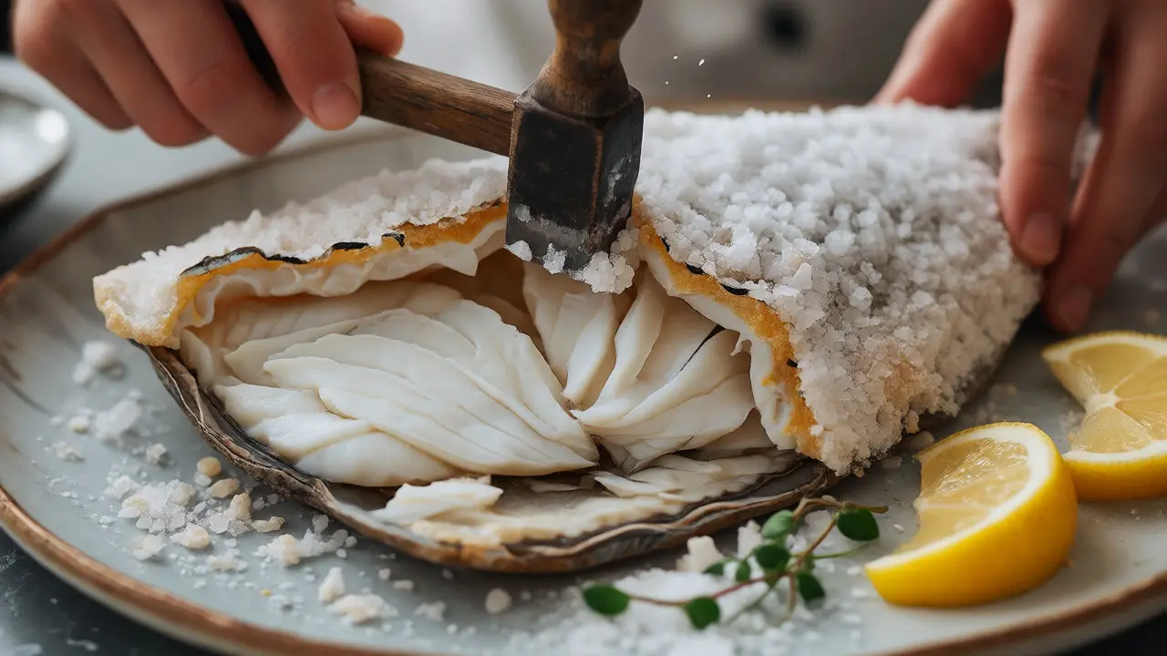 Раскалывание соляной корки молотком для доступа к сочному мясу рыбы